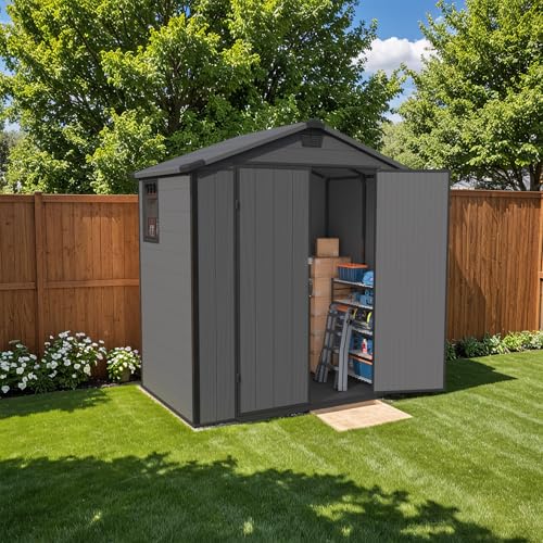 Patiowell 6 x 8 FT Plastic Outdoor Storage Shed with Floor, Resin Outside Tool Shed with Two Windows and Lockable Easy to Install, Door for Garden
