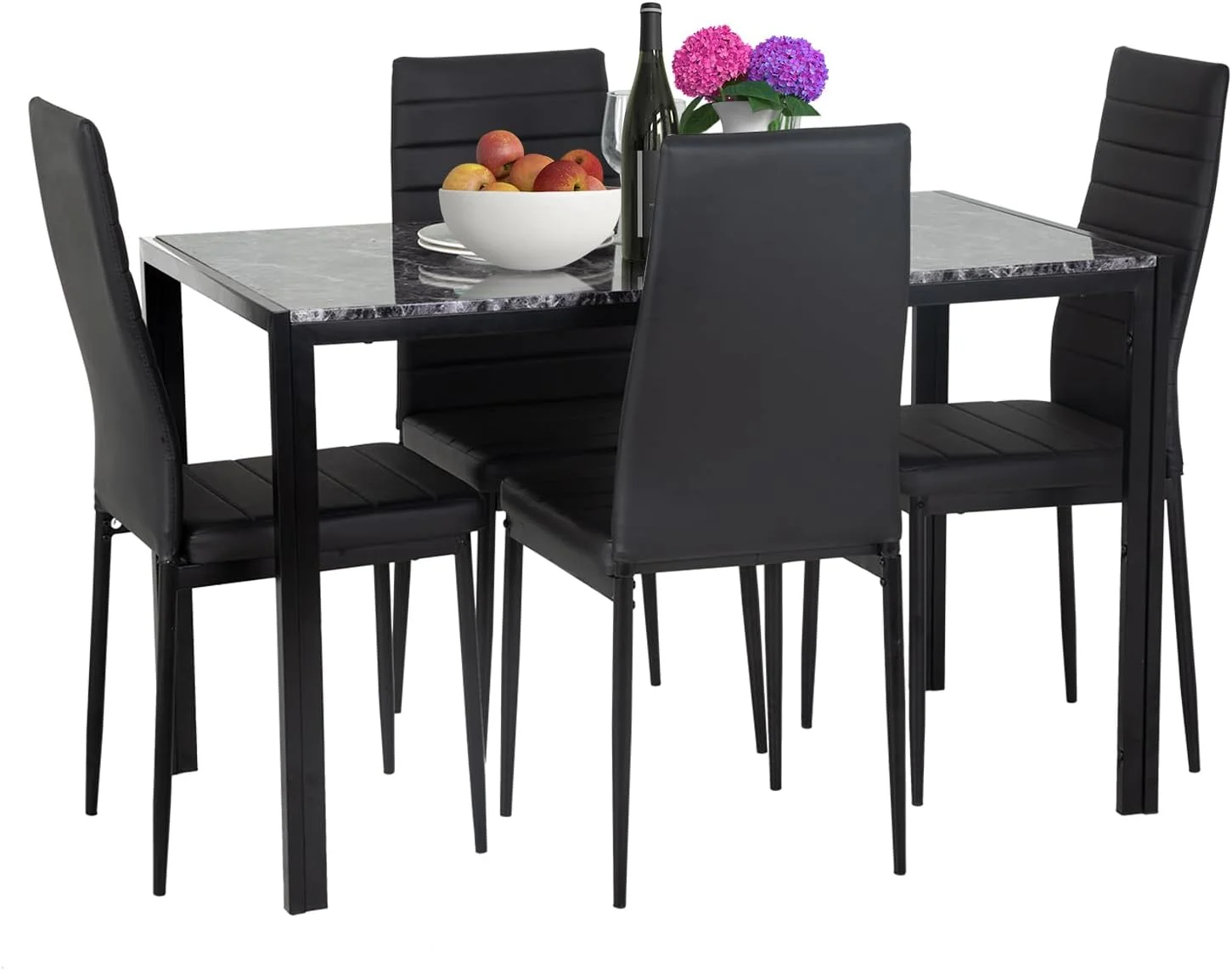 5 Piece Table And Chairs Dining Table Set Kitchen Table For Small Spaces Dinning Room Marble Grain (Black)