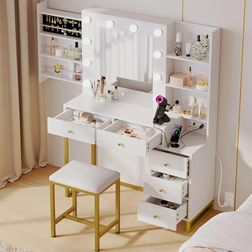YITAHOME Makeup Vanity Desk with Mirror & Power Outlet, Hollywood Vanity Set with Hidden Jewelry Storage, 5 Drawers and Lots Shelves