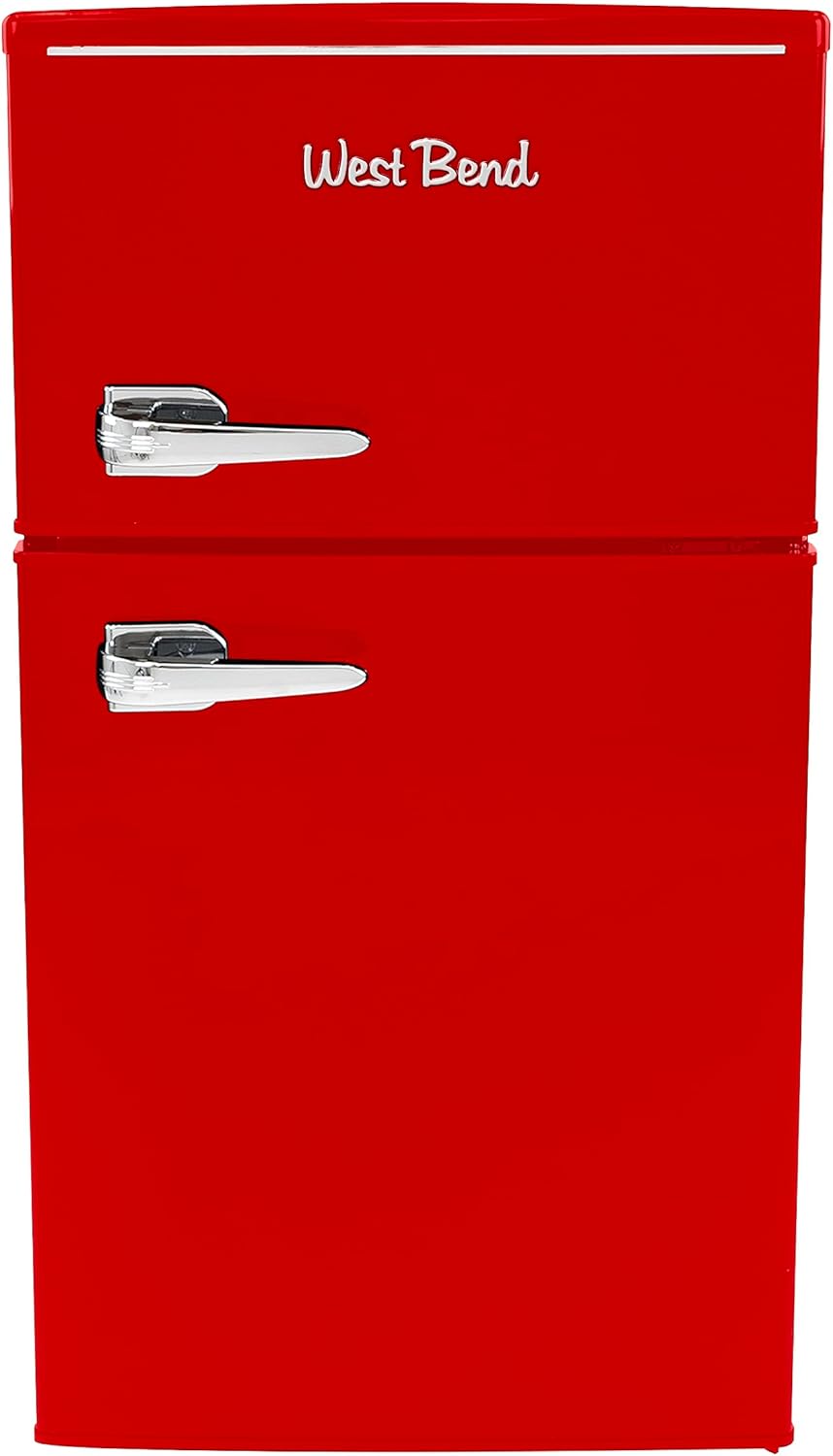 West Bend Mini Fridge with Freezer Retro-Styled for Home Office or Dorm, Manual Defrost and Adjustable Temperature, 3 Cu.Ft, Red