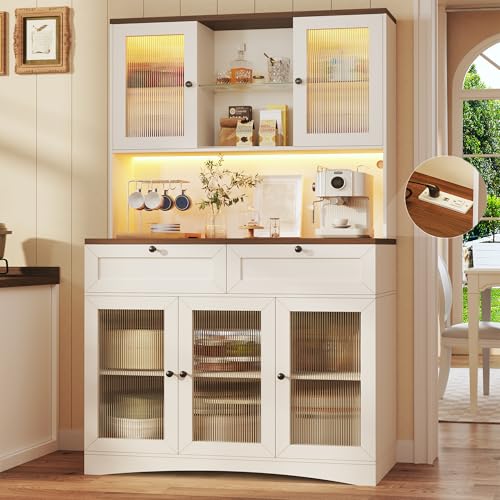 71" Kitchen Pantry Cabinet with Lights & Acrylic Doors, Pantry Storage Cabinet with Microwave Stand