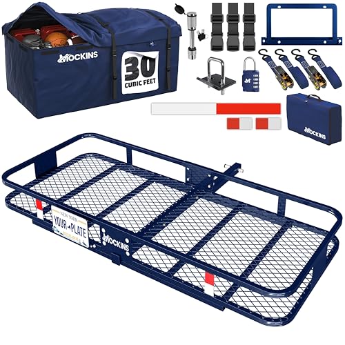 Mockins 60"x30"x6" Navy Folding Cargo Hitch Carrier & 30 CuFt Trailer Hitch Cargo Carrier Bag | 500Lbs Cap Folding Luggage Rack with Waterproof