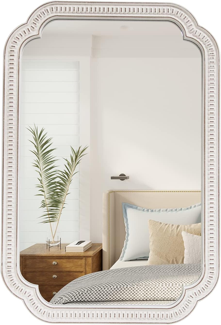 Farmhouse-Mirror, Large Wood Frame Wall-Mirror-Decorative with Arched Corners, 36 x 25 in Farmhouse Bathroom Vanity Mirror