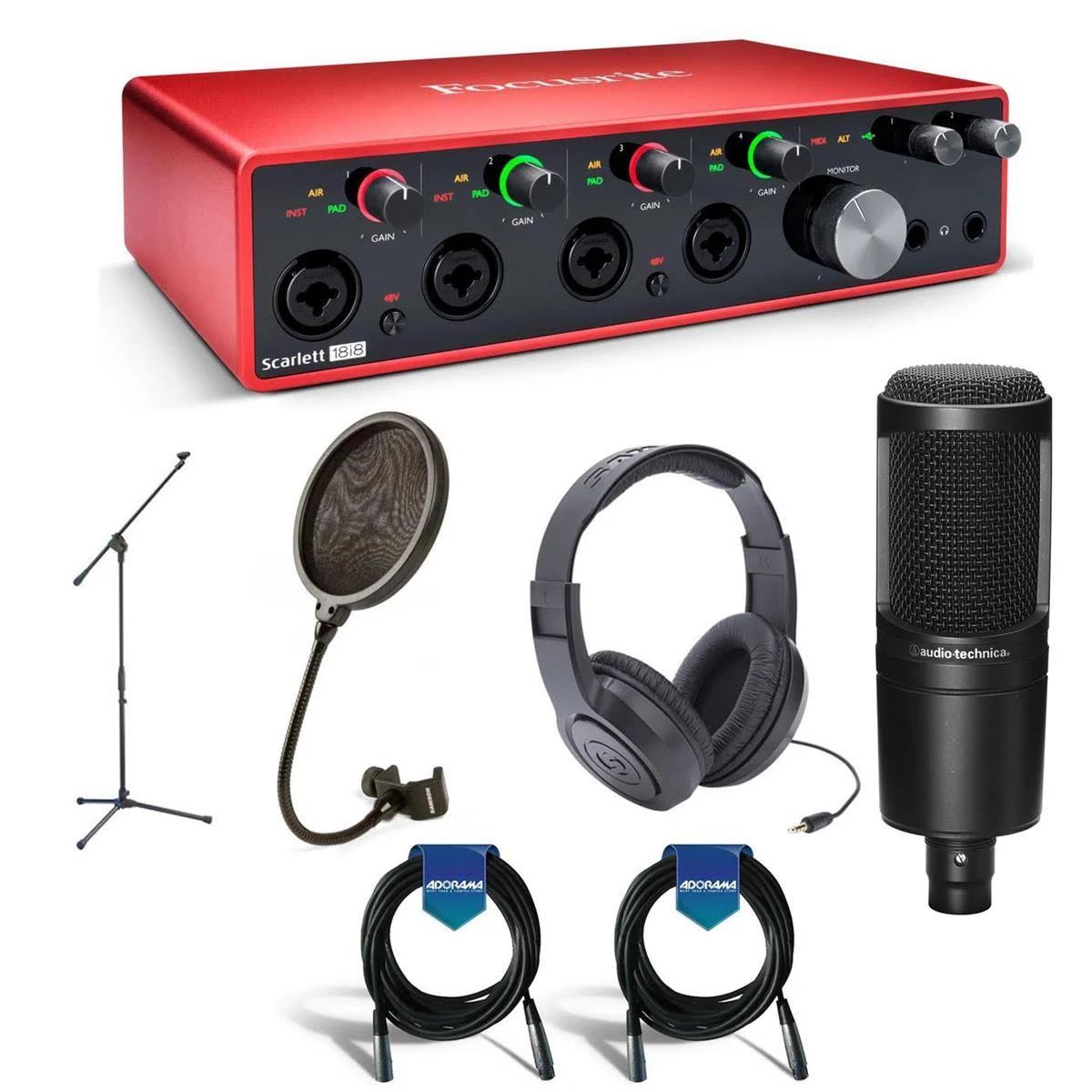 Focusrite Scarlett 18i8 3rd Generation USB Interface - Bundle with Samson SR350 Over-Ear Headphones, A-T AT2020 Cardioid Condens
