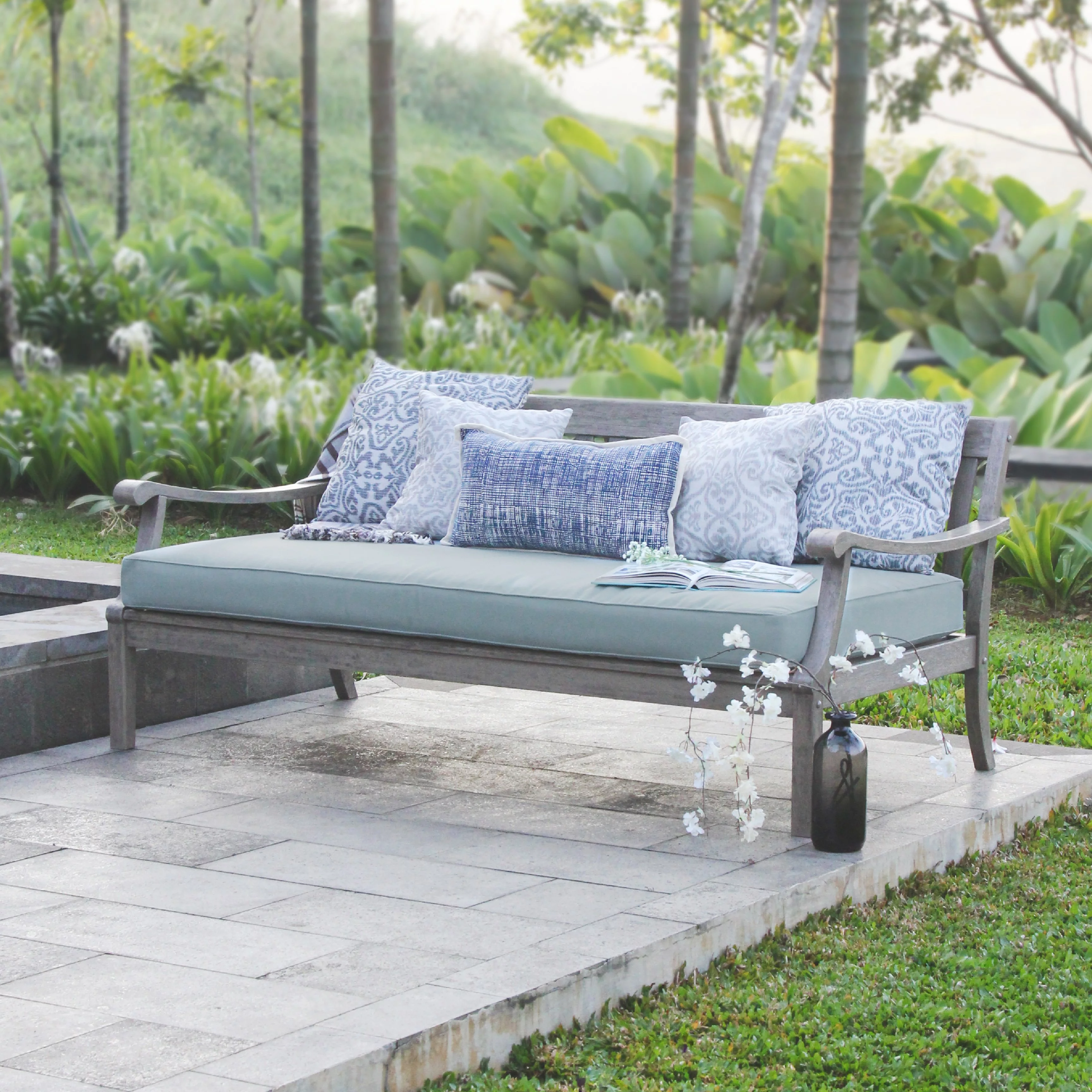 Alston Wood Outdoor Sofa Daybed with Blue Spruce Cushion