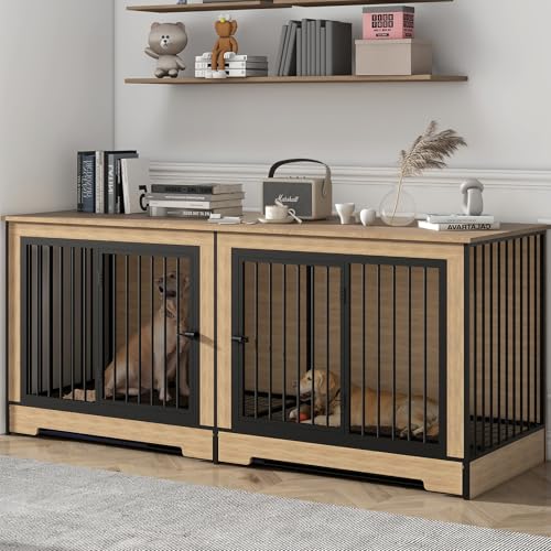 75’’ Double Dog Crate Furniture for 2 Dogs, Sturdy XXL Dog Crate Furniture with Removable Divider & Trays