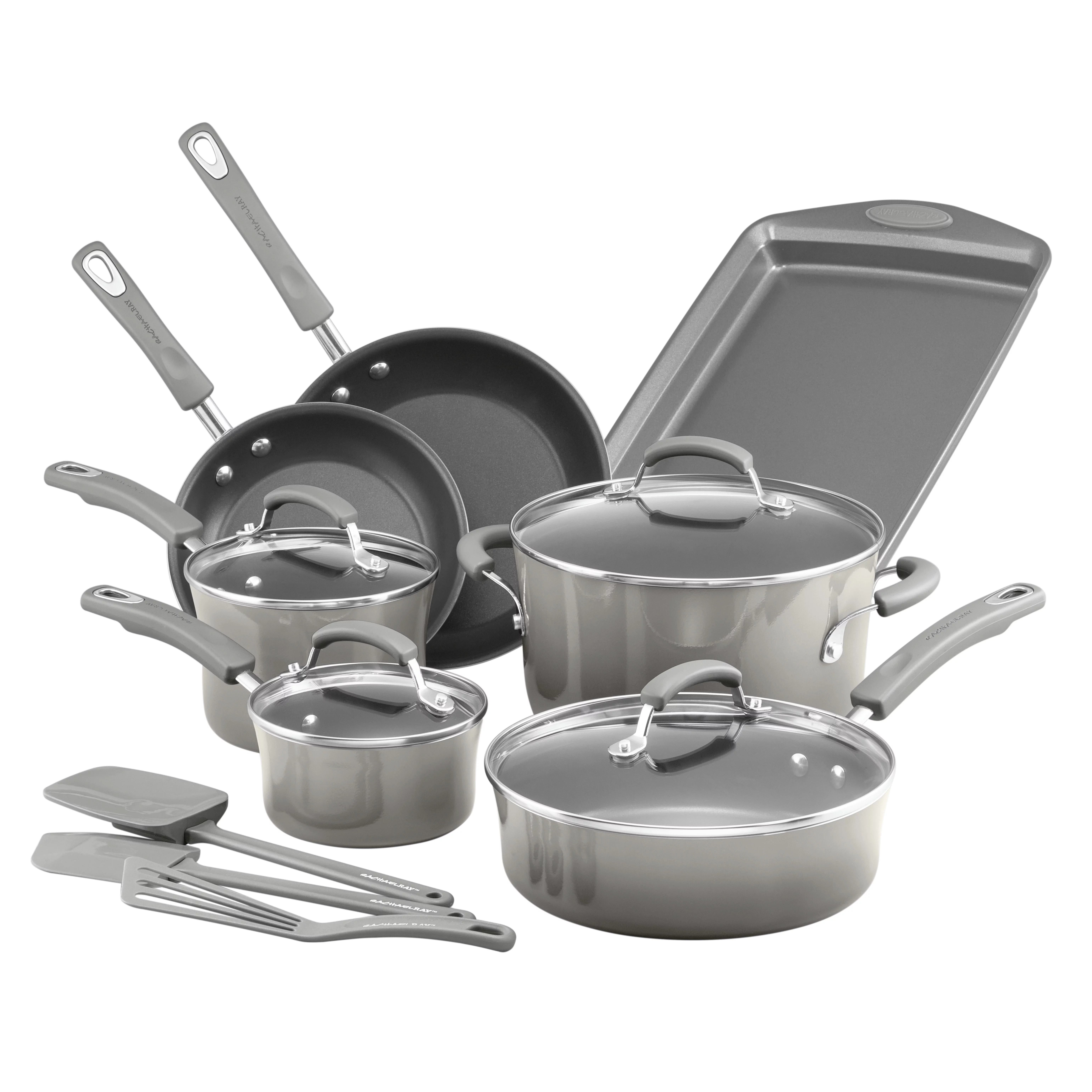 Rachael Ray Classic Brights 14 Piece Porcelain Nonstick Pots and Pans Set, Sea Salt Gray