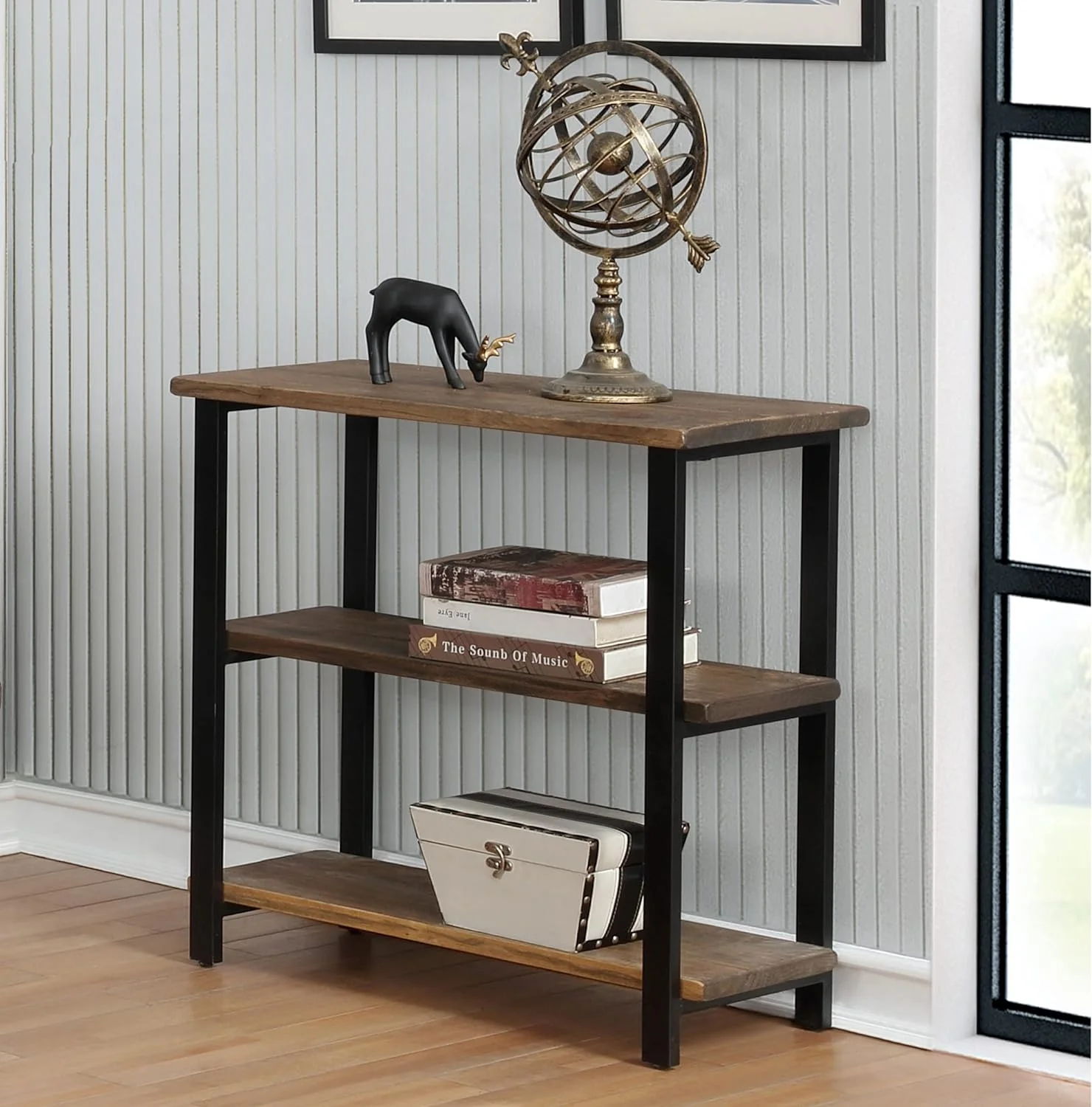 Pomona 31" Tall 2-Tier Solid Wood And Metal Under-Window Bookcase, Rustic Reclaimed Wood Design, Industrial, Stylish, Durable Lacquer Finish