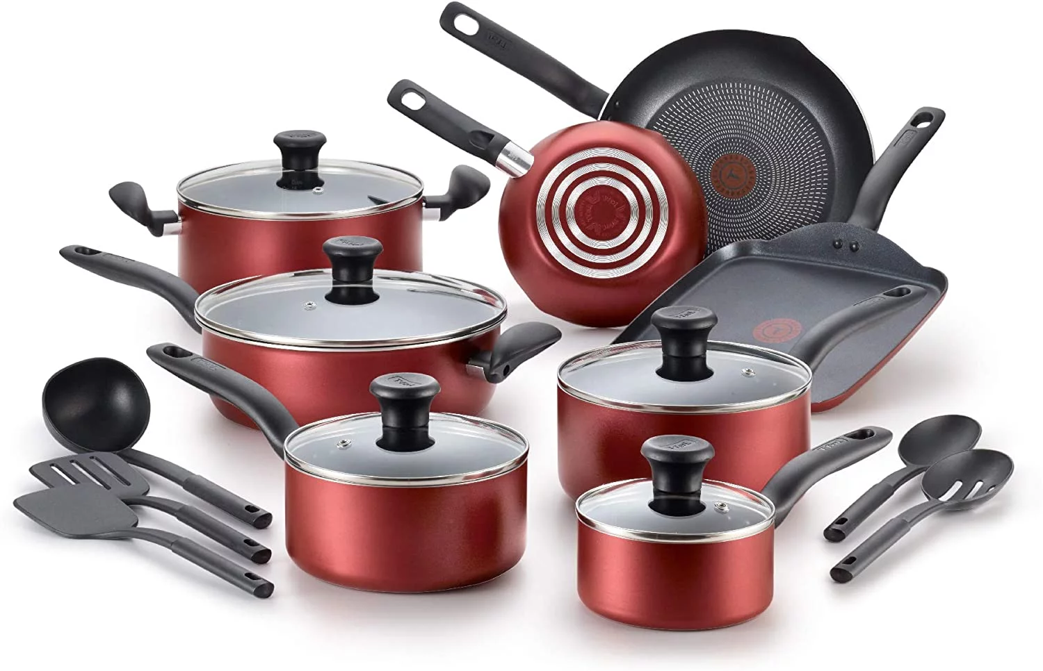 T-fal, Dishwasher Safe Cookware Set, 18 Piece, Red Initiatives Nonstick Inside