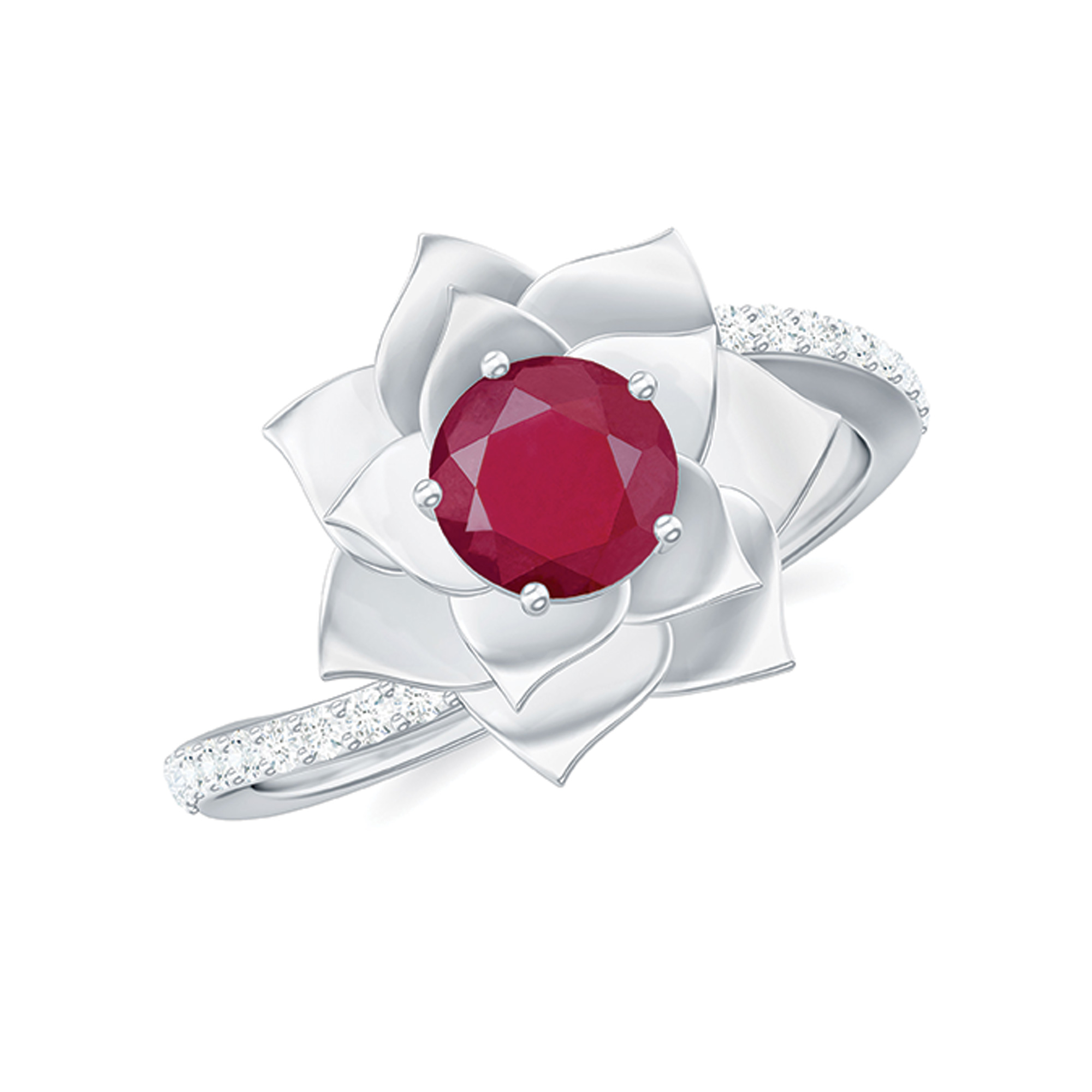 Natural Ruby Rose Floral Ring with Diamond for Women (5 mm) - 1 CT, AAA Grade, 925 Sterling Silver, US 4.00