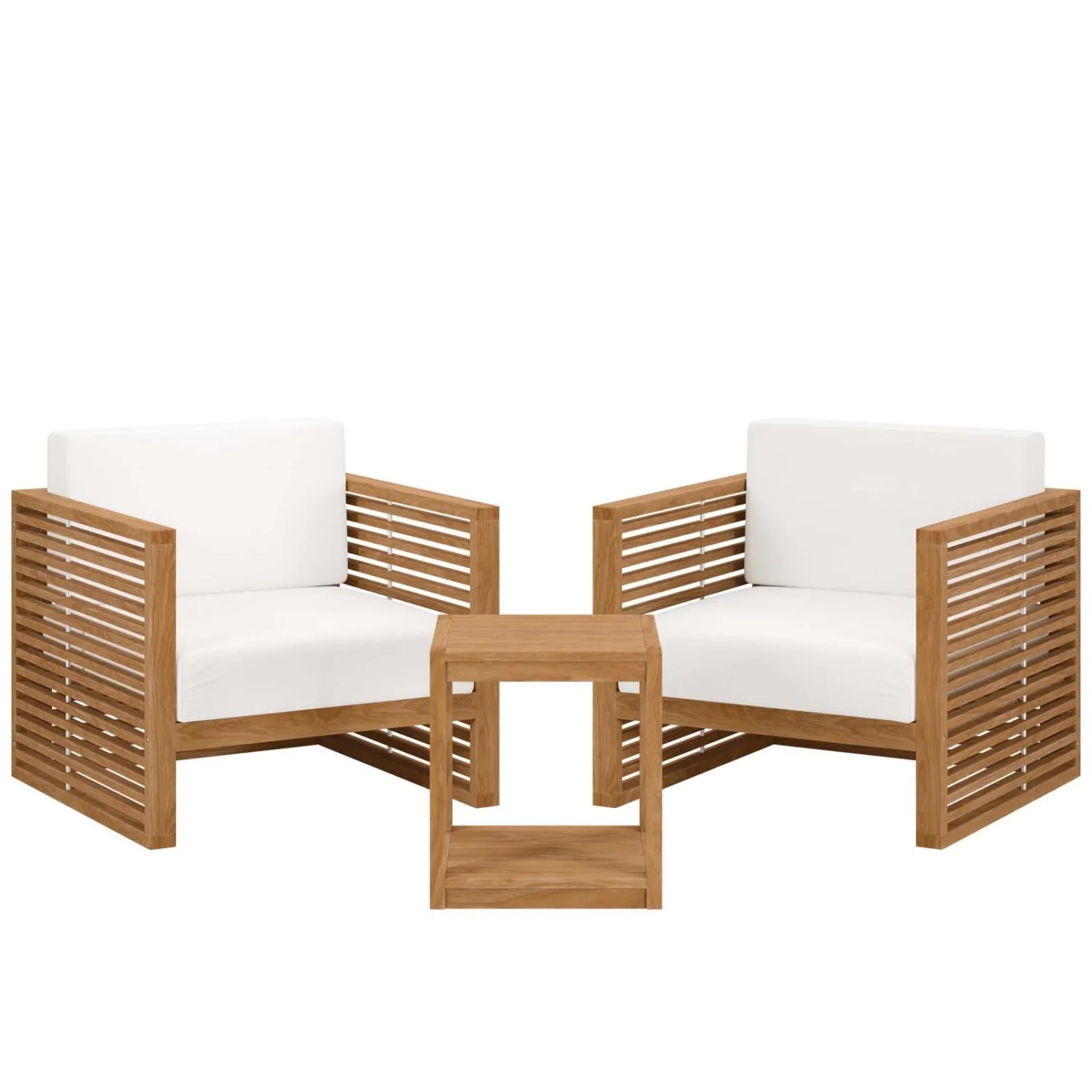 Lounge Chair ArmchairTable Set, White Natural, Teak Wood, Outdoor Patio Balcony Cafe Bistro Garden Hospitality Restaurant
