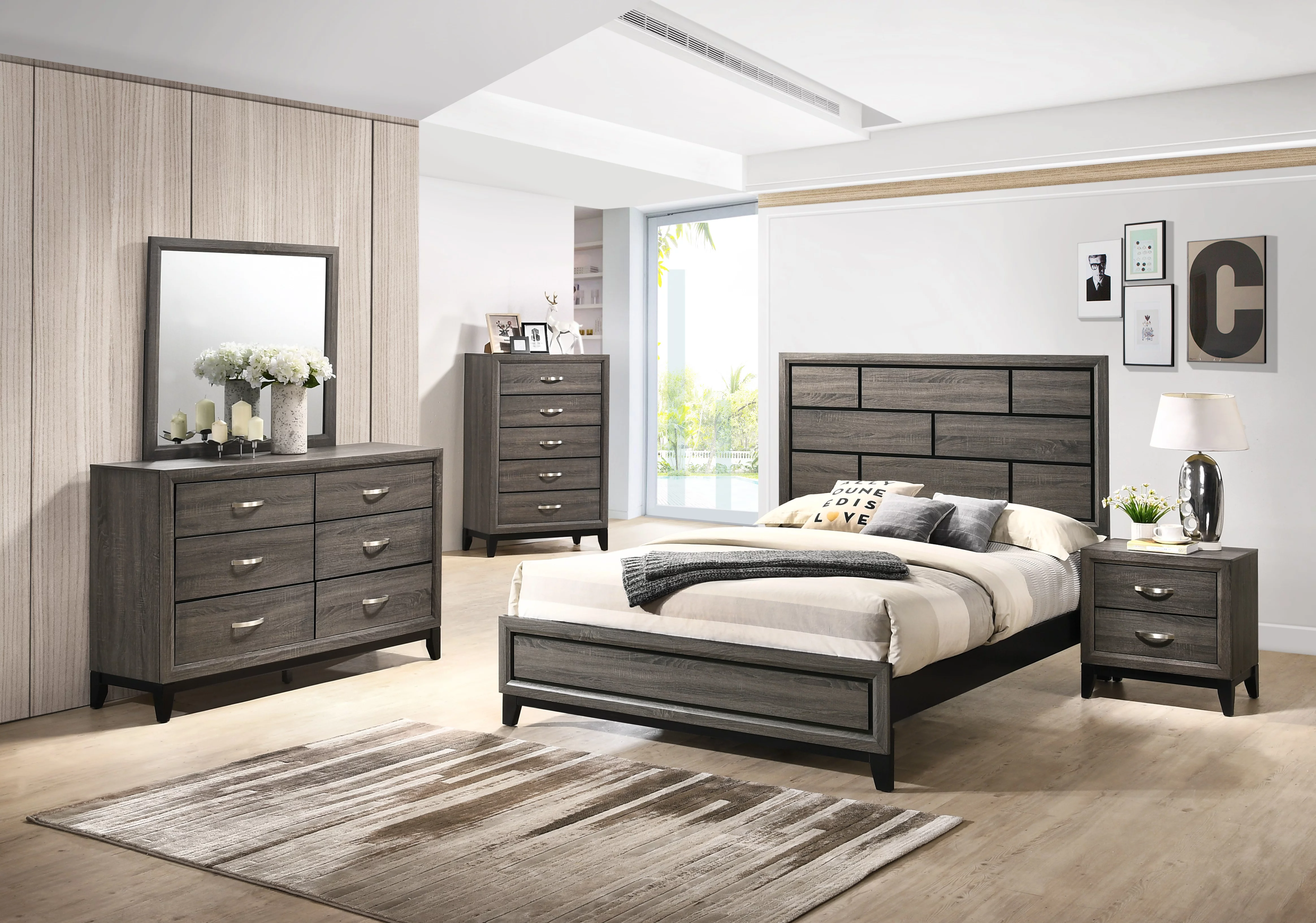 Stout Panel Bedroom Set with Bed, Dresser, Mirror, Nightstand, Chest, Wood, Dark Ash Gray, King Size