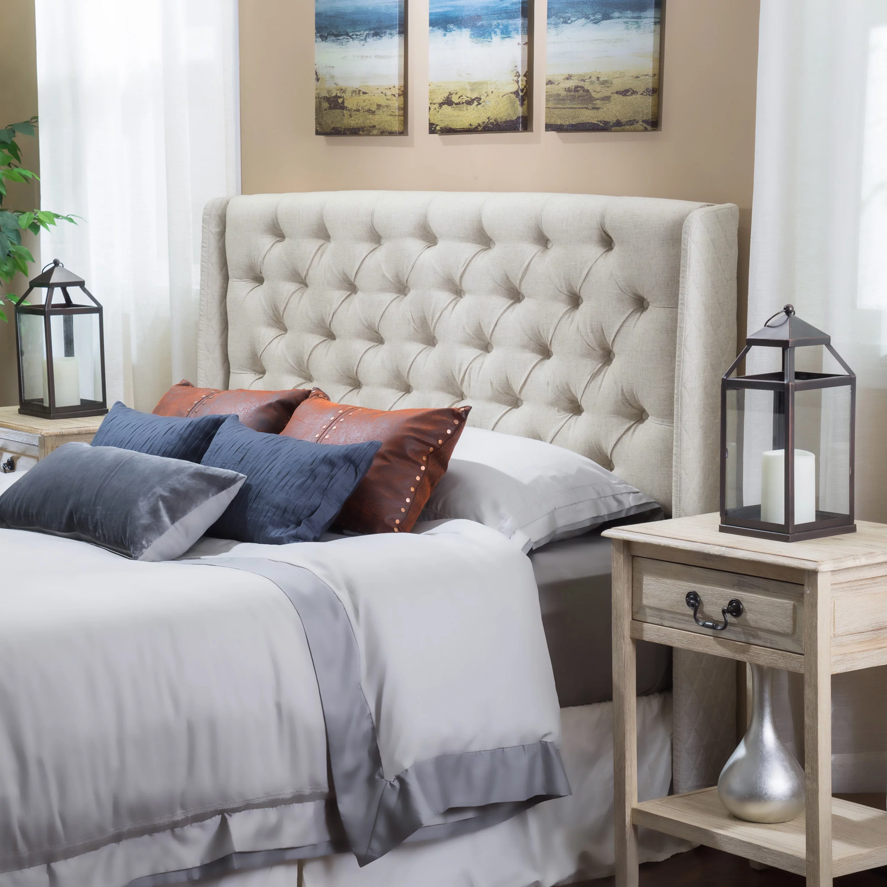 Noble House Ashley Full/Queen Wingback Tufted Beige Fabric Headboard
