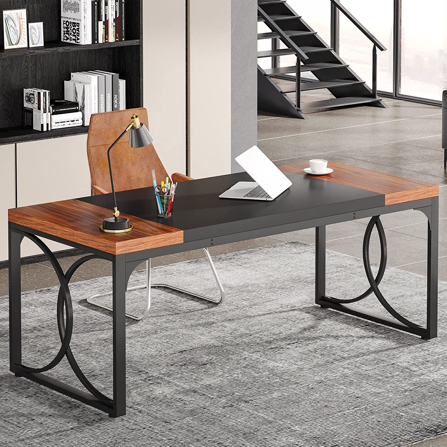 Tribesigns 63" Executive Desk, Large Office Computer Desk, Industrial Thicken Wood Workstation Business Furniture, Walnut & Black