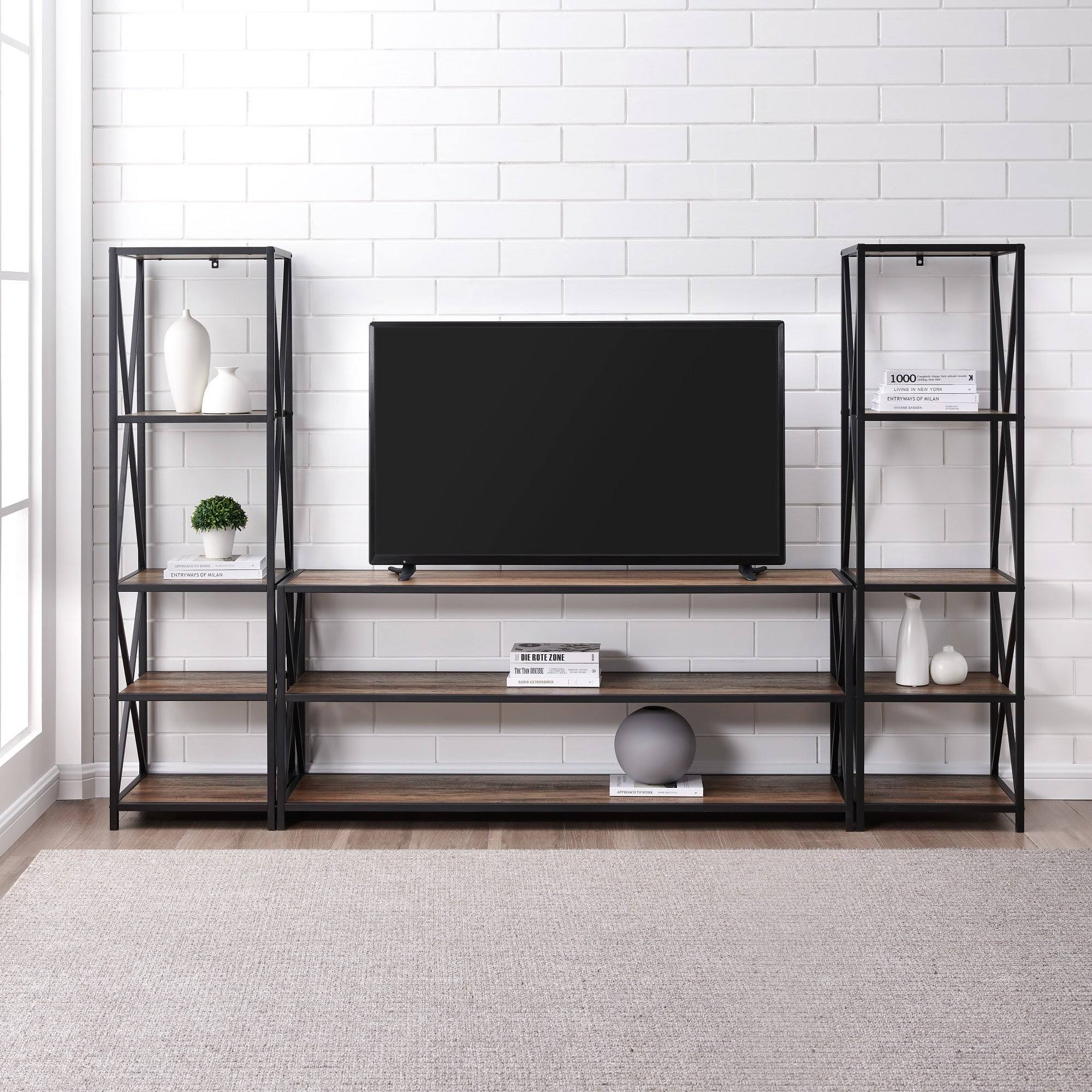 Carbon Loft Hattie 3-Piece X-Frame Entertainment Wall - Rustic Oak / Black Metal