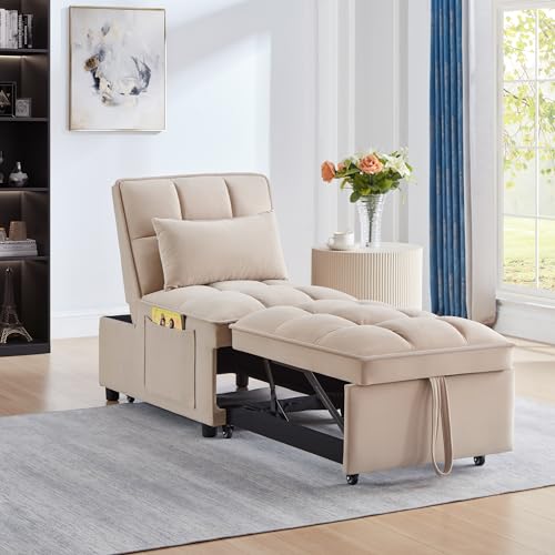 Sleeper Chair Bed, 4-in-1 Folding Convertible Chair Sofa Bed with Adjustable Backrest, Pull Out Sleeper Chair Bed with Storage Pockets