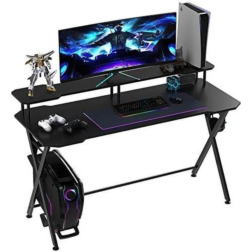 55 Inch Gaming Desk Racing Computer Office PC Gamer Workstation With Elevated Monitor Stand, Headphone Hook, Black
