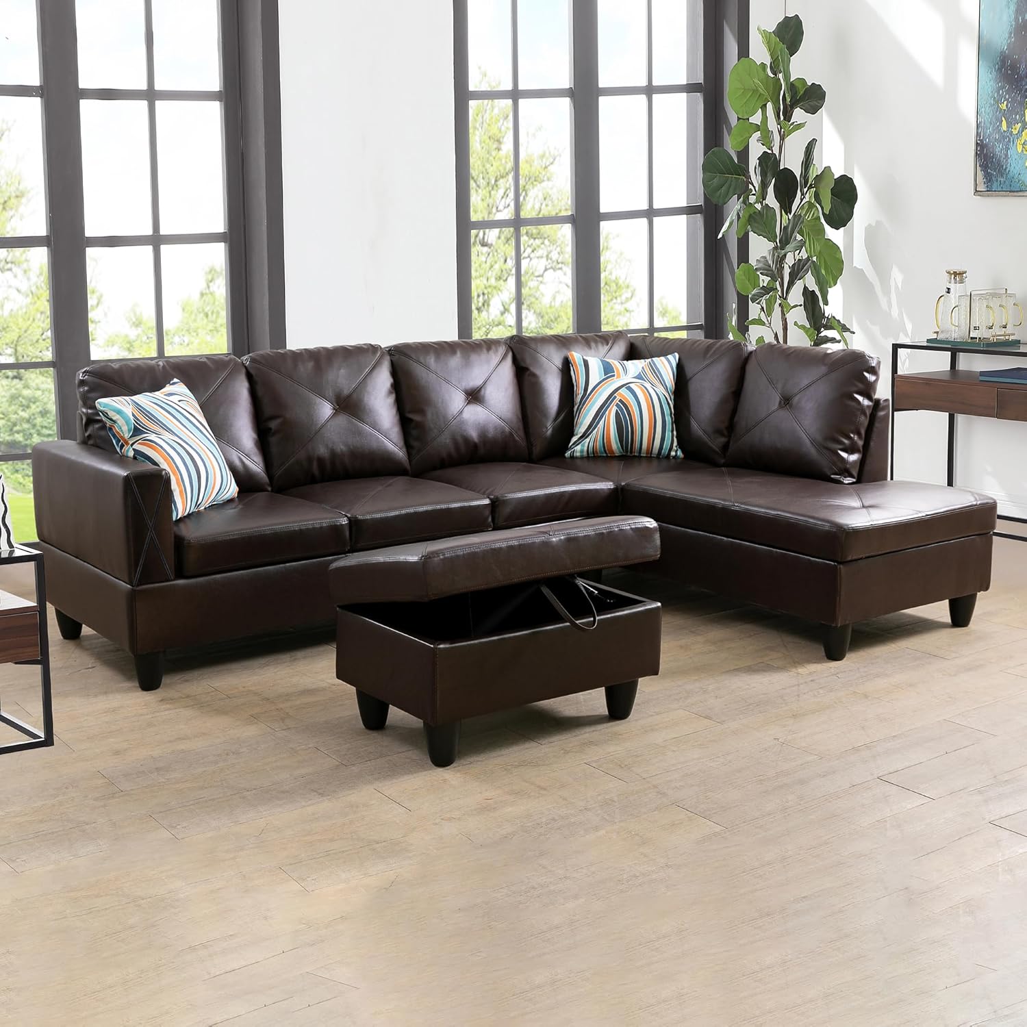 Sectional Sofa for Living Room Furniture Set with Chaise, Wear-Resistant Faux Leather, L-Shaped Couch for Modern Homes, Right, Brown