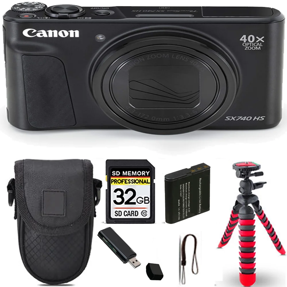 Canon PowerShot SX740 HS Digital Camera (Black) + Spider Tripod + Case - 32GB Kit - Curated Treasures Market