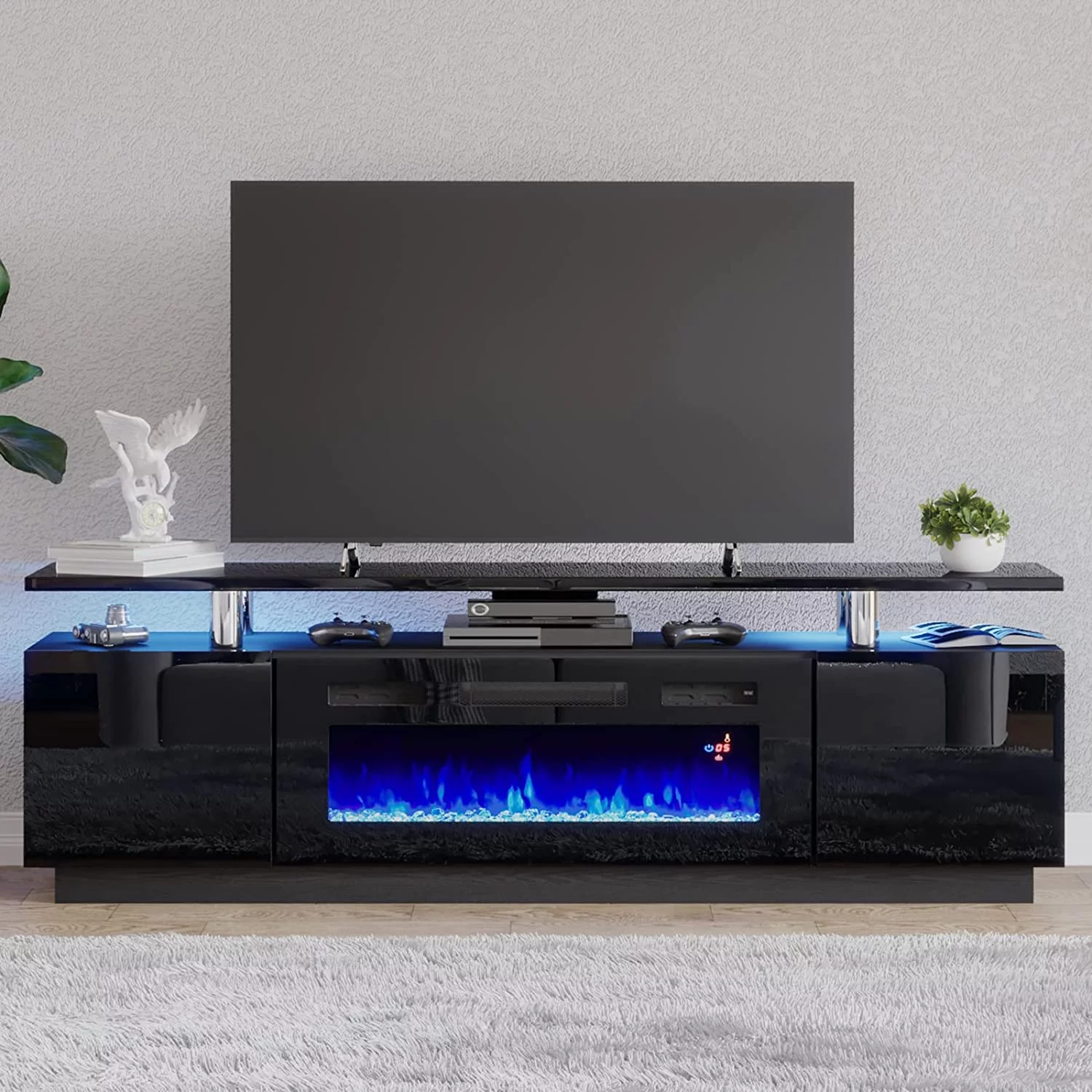 Amerlife Fireplace TV Stand with 36" Fireplace, 70" Modern High Gloss Entertainment Center LED Lights, 2 Tier TV Console Cabinet for TVs Up to 80"