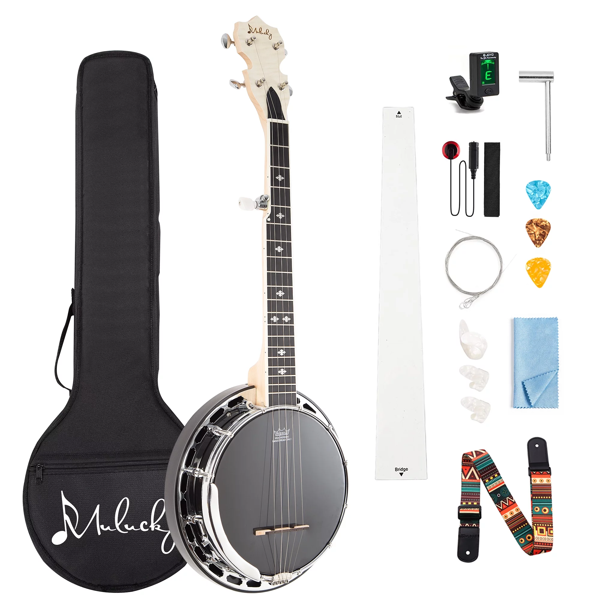 Mulucky 5 String Banjo MINI, 28 Inch Travel Banjo with Remo Head, Resonator and Geared 5th Tuner, Beginning Kit with Tuner Strap Wrench Picks Ruler