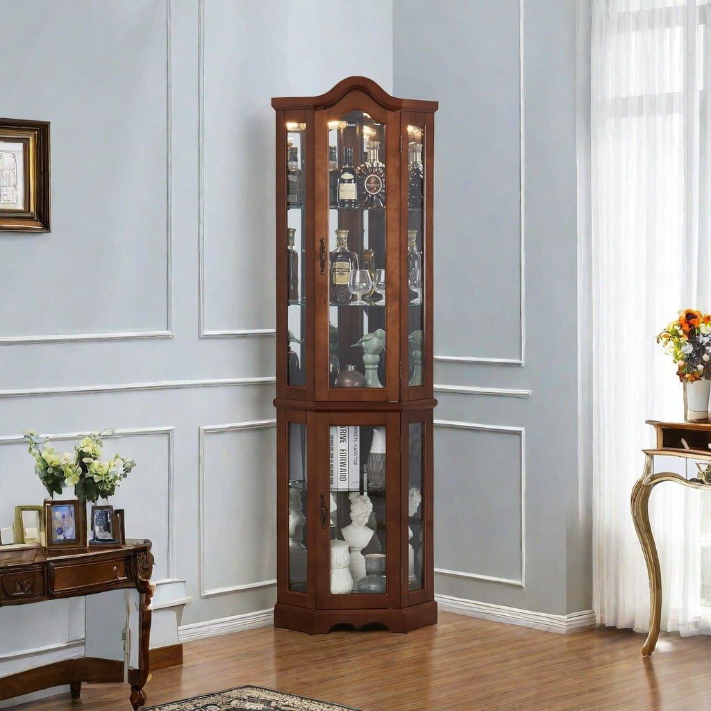 Elegant Walnut Corner Curio Cabinet, 70.25" Height with Glass Doors and Shelves, Classic Brown Finish Display Cabinet