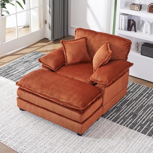 Oversized Chaise Lounge Chair Indoor, 56.3" Corduroy Upholstered Cloud Sofa Couch with Ottoman & 2 Lumbar Pillows