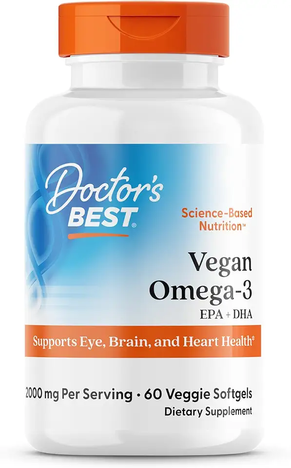 Doctor's Best Vegan Omega-3 EPA + DHA, Supports Eye, Brain, and Heart Health, Non-GMO, Gluten Free, Vegan, 60 Veggie Softgels - Kansas Nuitrition