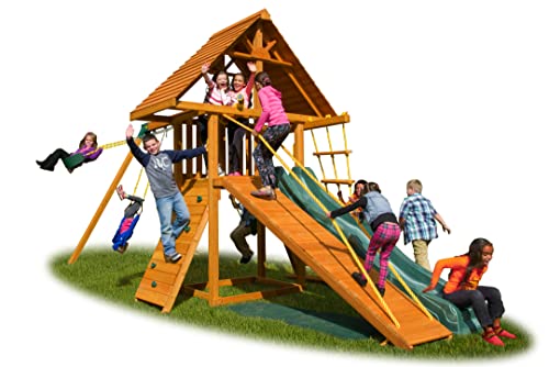 Dreamscape Solid Cedar Wood Swing Set | Jungle Gym with Clubhouse, Rock Wall, Wave Slide, Monkey Bars, Picnic Table