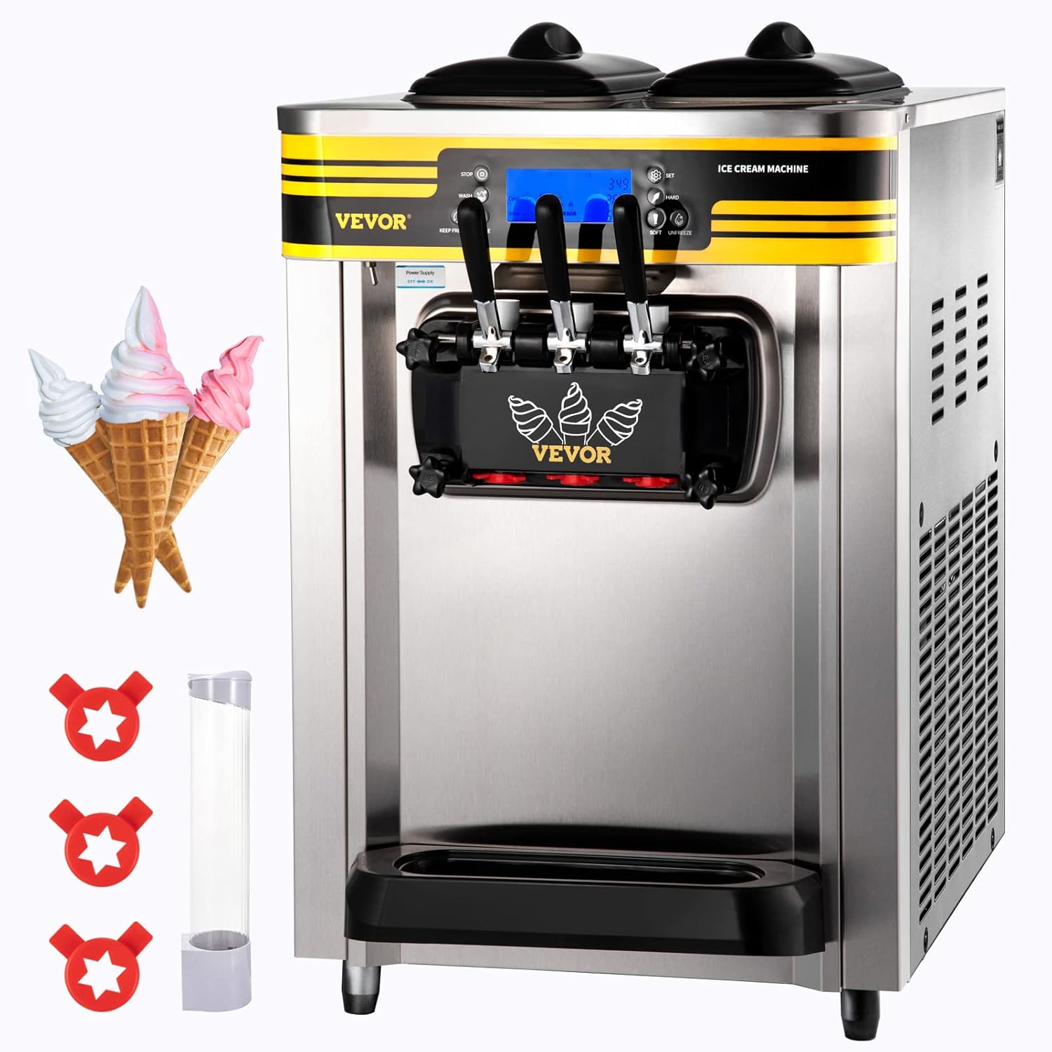 VEVOR Commercial Ice Cream Maker, 22-30L/H Yield, 2350W Countertop Soft Serve Machine with 2x6L Hopper 2L Cylinder LCD Panel Puffing Shortage Alarm