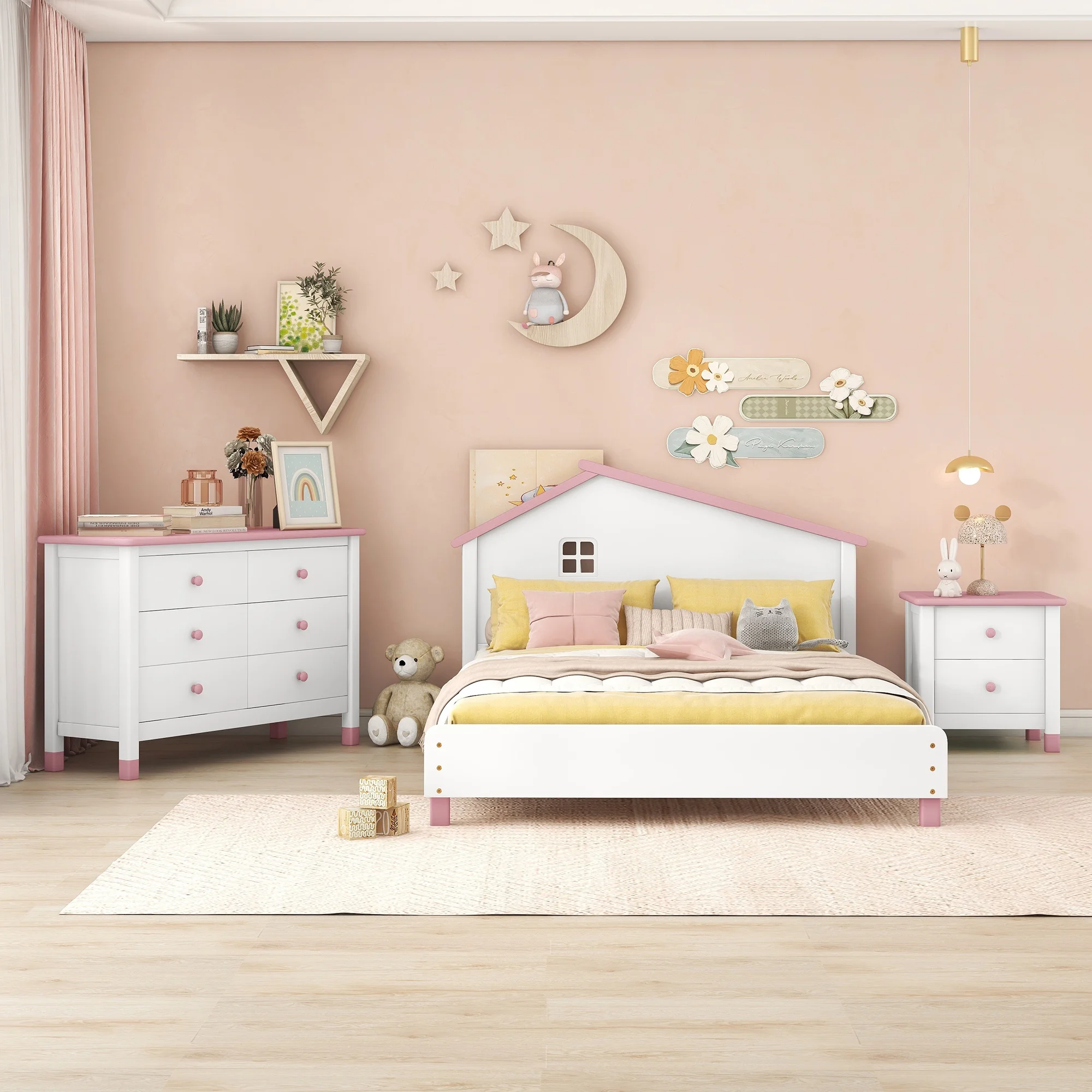 3-Pieces Bedroom Sets Full Size Platform Bed with Nightstand and Storage dresser,White+Pink