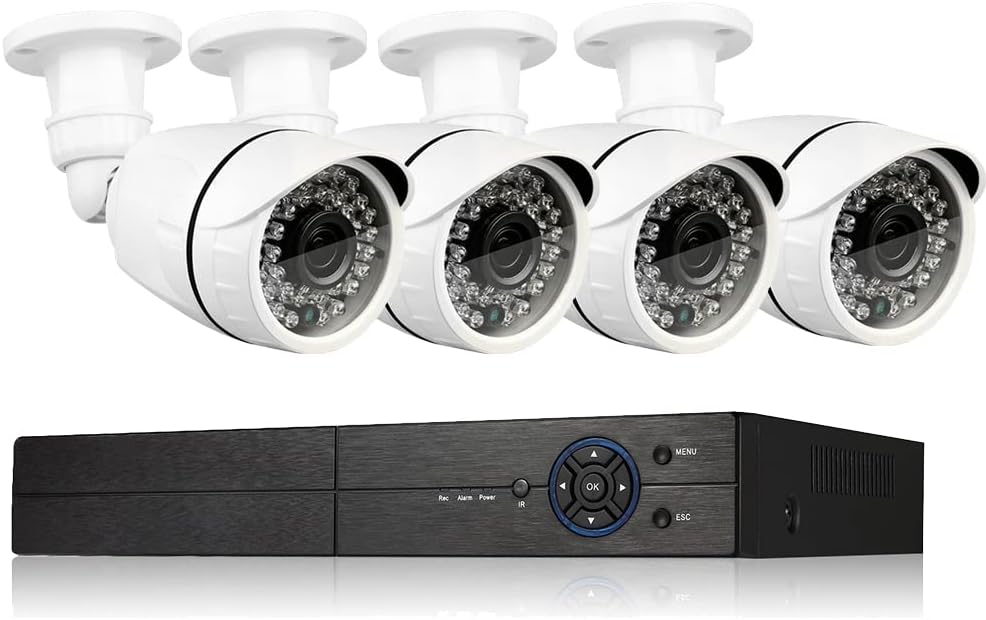 Eversecu 4 Channel Security Camera System 1080P DVR and (4) 1.0MP 720P Weatherproof Cameras Support Night Vison Weatherproof, Motion Alert