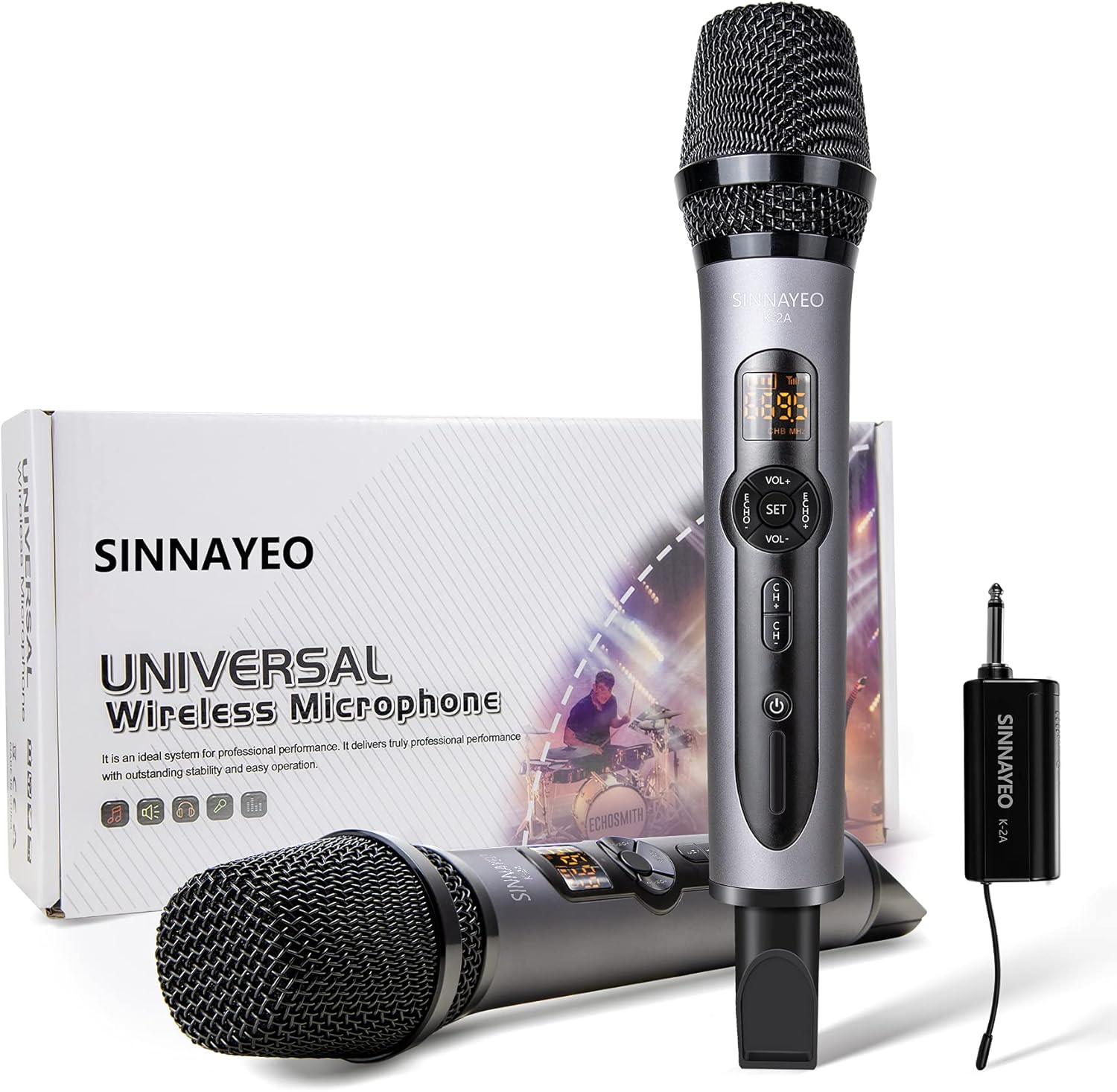 Wireless Microphone, UHF Metal Cordless Handheld Mic System with Rechargeable Receiver, for Karaoke, Singing, Party, Wedding, DJ, Speech Pack of 2