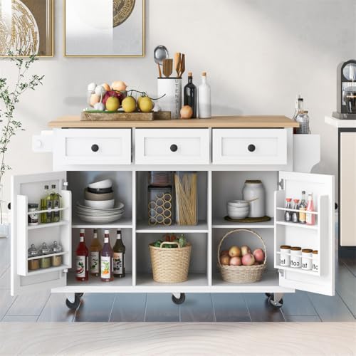 Kitchen Island with Storage, Rolling Kitchen Cart on Wheels with 3 Drawers and Internal Storage Racks