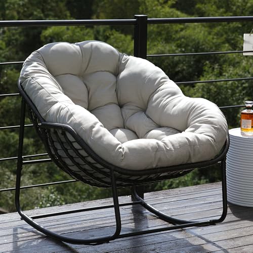 Outdoor Indoor Rocking Chair, Patio Wicker Egg Chair, Indoor & Outdoor Comfy Oversized Papasan Chair with Padded Cushion
