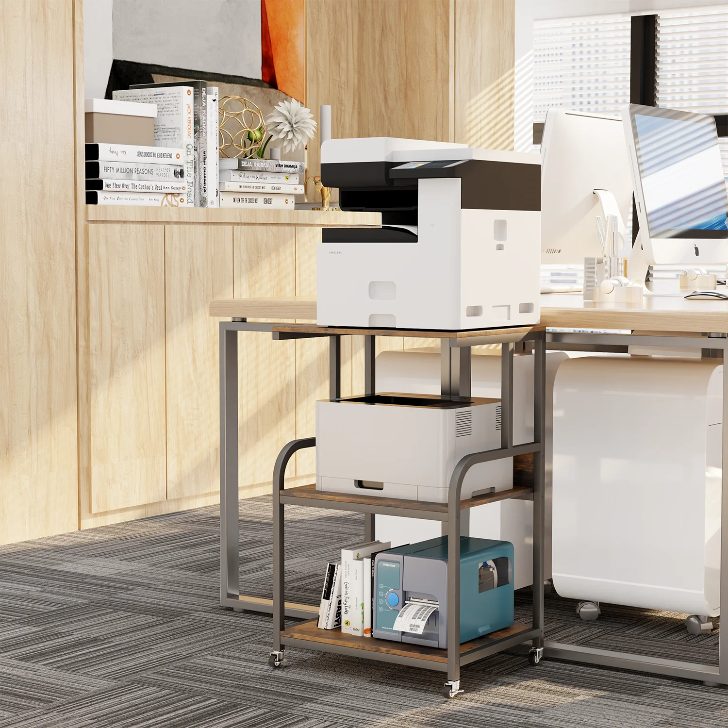 Printer Stand- Large 3 Tier Printer Table with Wheels- Industrial Printer Storage Cart- Rolling Printer Cart with Storage Shelf for Printer Scanner