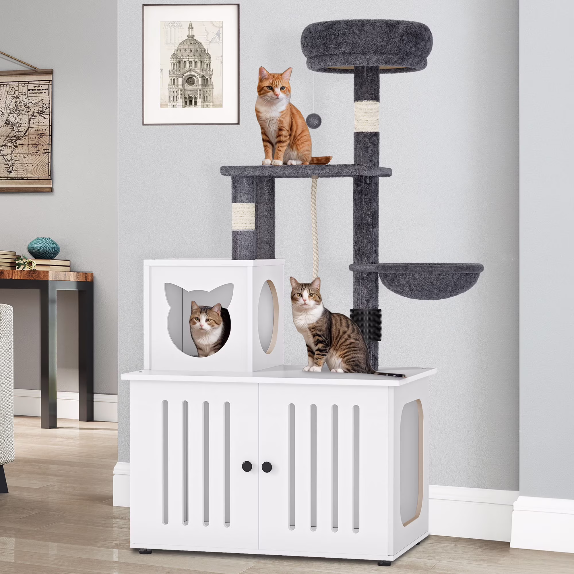 Dextrus 2-in-1 Cat Tree with Litter Box Enclosure,53.5" Large Modern Cat Condo with Scratching Posts, Perch, Food Station, Hammocks