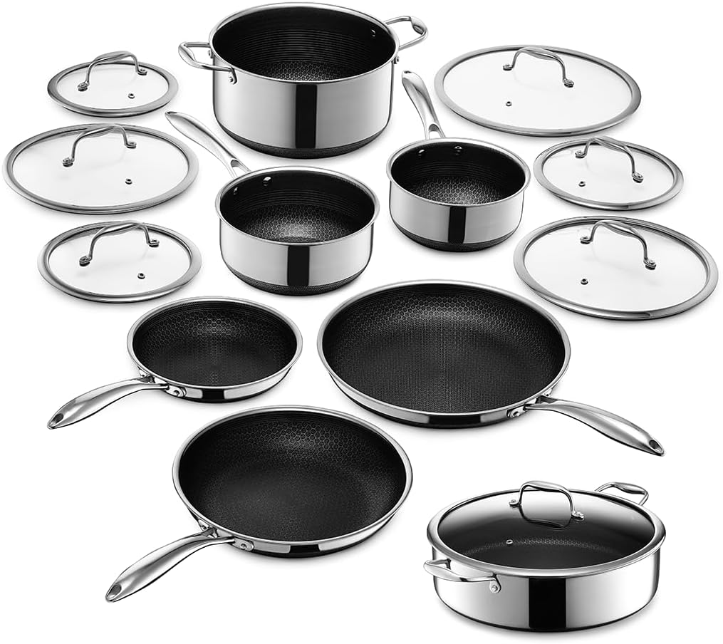 HexClad 13 Piece Hybrid Stainless Steel Cookware Set - 6 Piece Frying Pan Set, 6 Piece Pot Set and 7 Quart Pot Deep Fryer, Stay Cool Handles