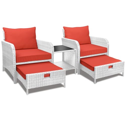 LEVELEVE Balcony Furniture 5 Piece Patio Conversation Set, PE Wicker Rattan Outdoor Lounge Chairs with Soft Cushions 2 Ottoman&Glass Table for Porch