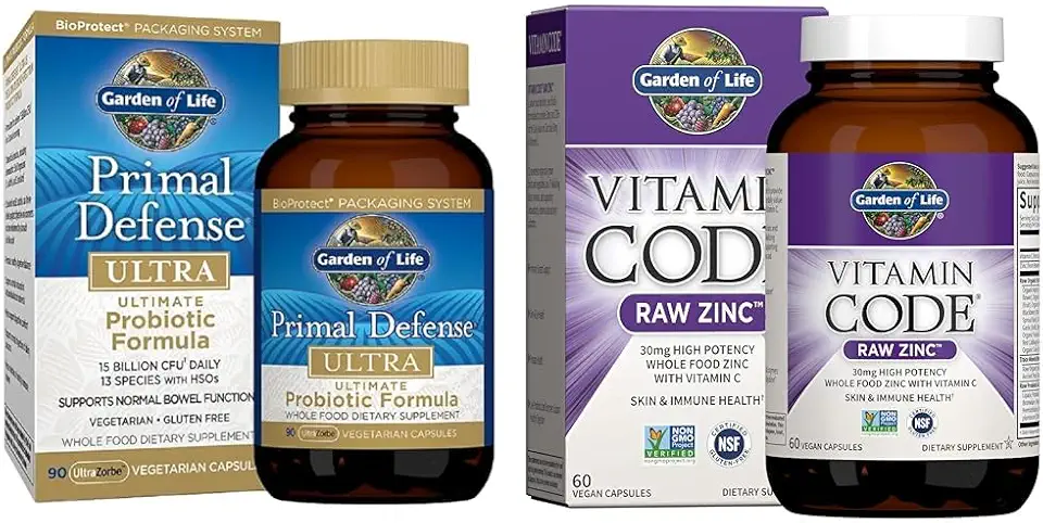 Garden of Life Primal Defense Ultra Ultimate Probiotic Formula & Zinc Supplements 30mg High Potency Raw Zinc and Vitamin C Multimineral Supplement