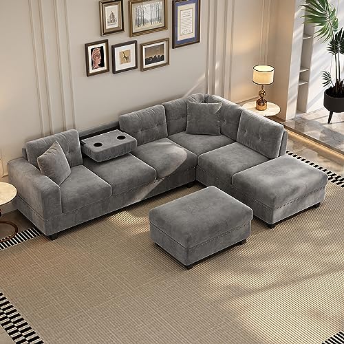 P PURLOVE Sectional Sofa Couch with Reversible Chaise and Ottoman, Polyester L-Shape Couch with 2 Pillows and Cup Holder