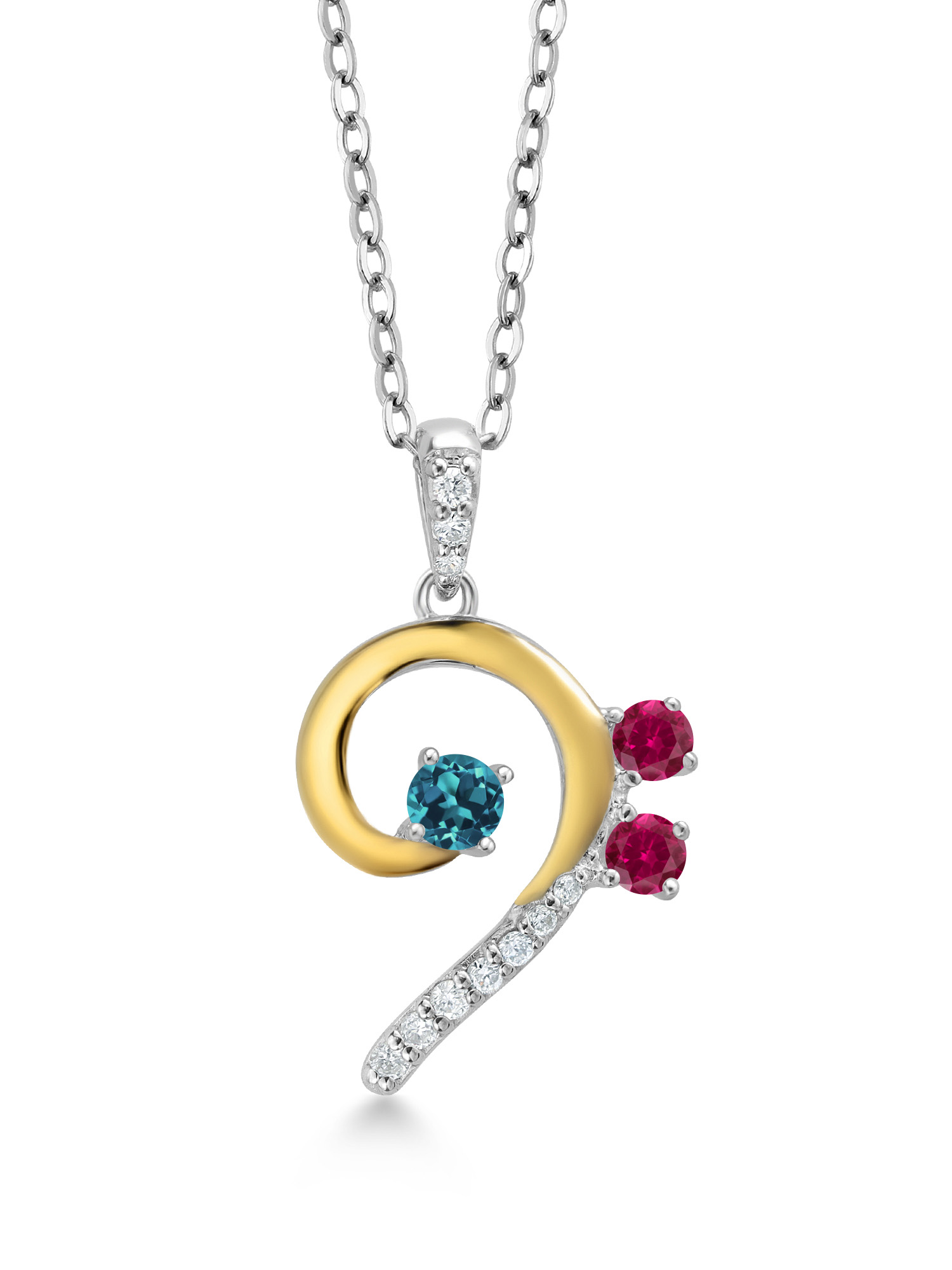 925 Sterling Silver and 10K Yellow Gold London Blue Topaz Red Created Ruby and White Lab Grown Diamond Bass Clef Music Note Pendant Necklace For