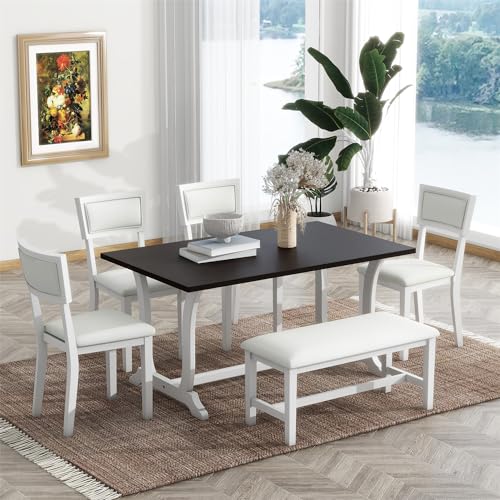 Wood Dining Table Set for 6 with 4 Upholstered Chair & 1 Bench, Mid-Century Modern Dining Room Table Set with Chairs Dinner Table Set for Dining Room