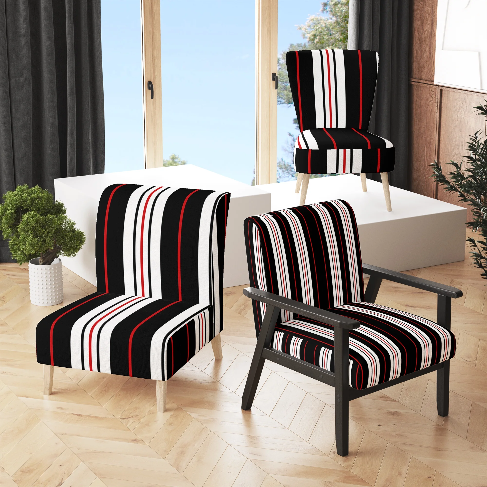 Designart "Black and White Striped Pattern" Upholstered Patterned Accent Chair and Arm Chair