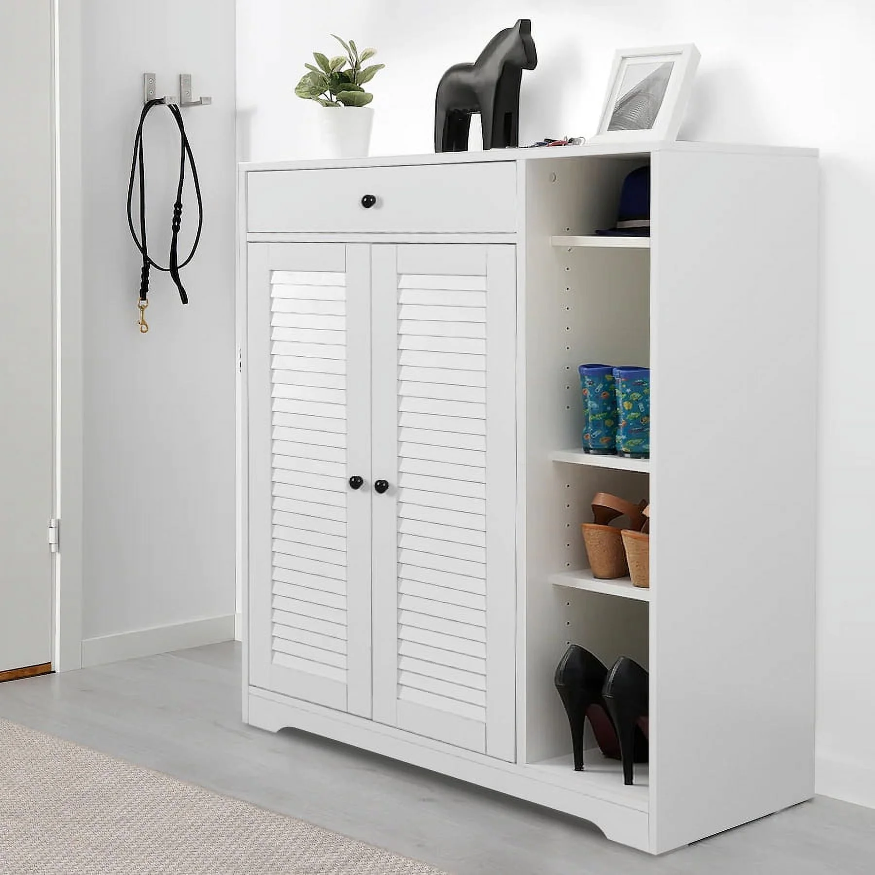 CoSoTower Freestanding Shoe Rack Organizer with 2 Shutter Door, Entryway Narrow Shoe Storage with Adjustable Storage Shelf &Top Drawer