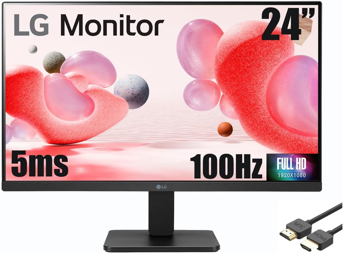 LG 24" IPS 3-Side Borderless FHD Monitor, LED Display with sRGB 99% Color Gamut, 100Hz, 5ms, AMD FreeSync (HDMI), Black, with MTC HDMI Cable