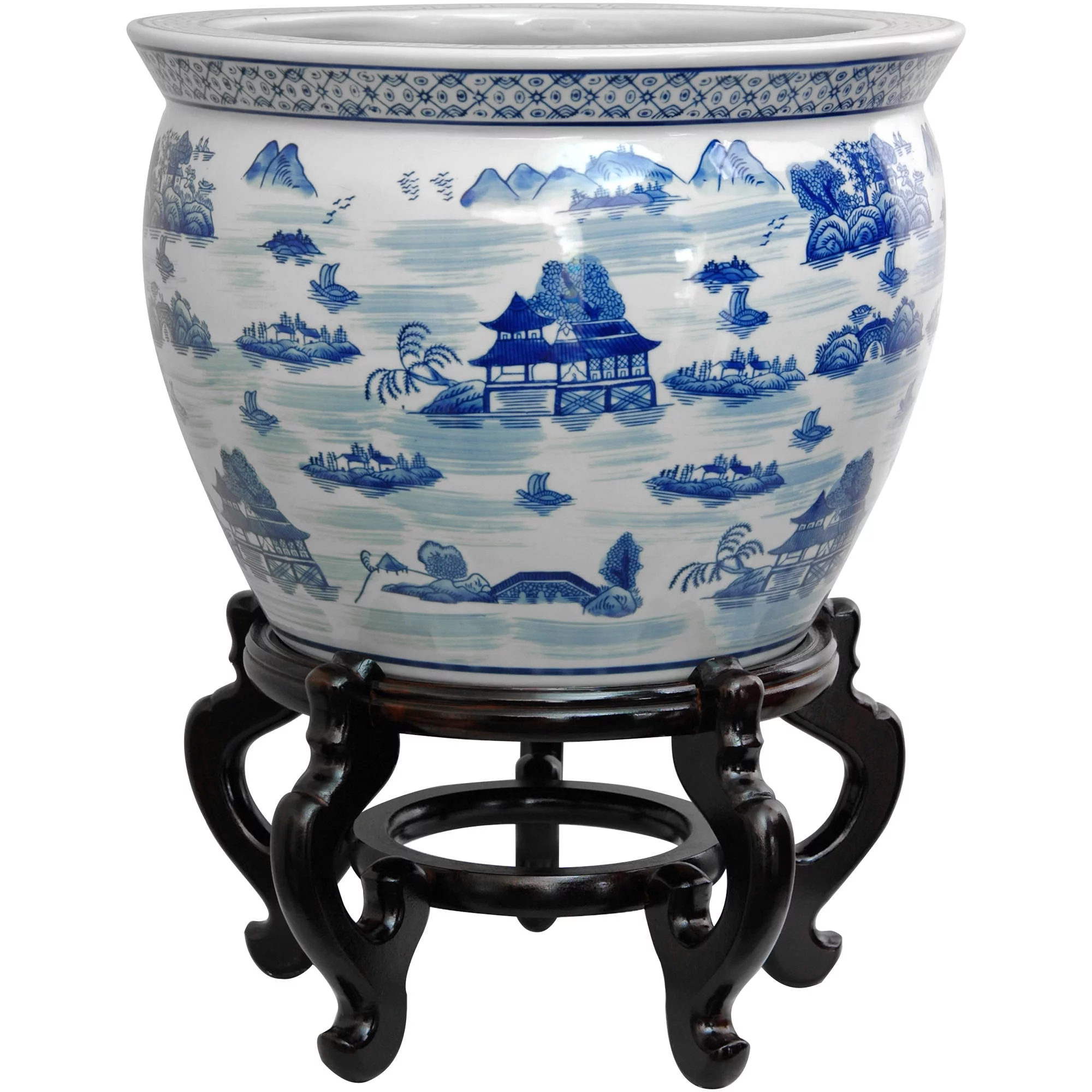 Oriental Furniture 12" Landscape Blue & White Porcelain Fishbowl