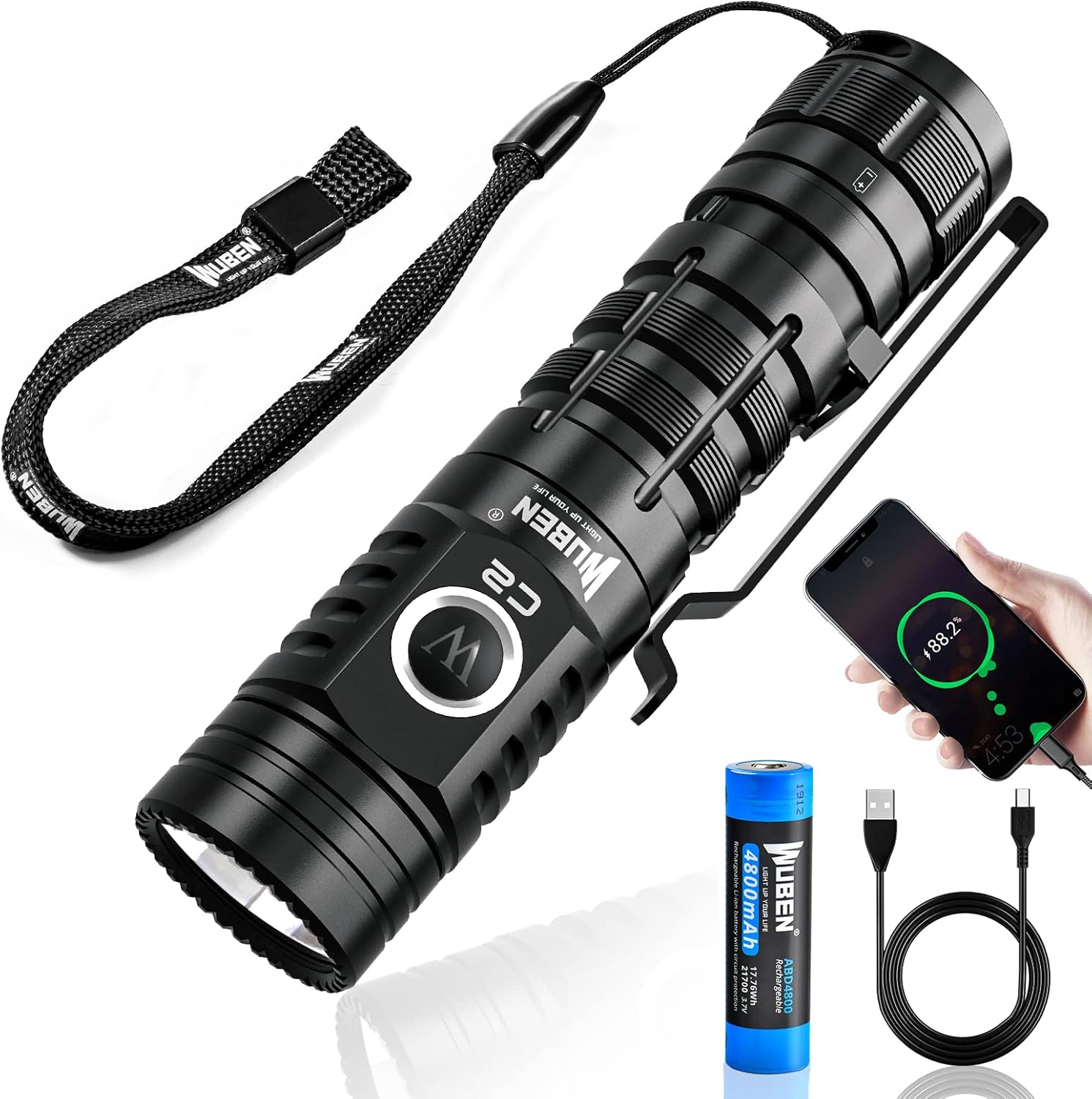 WUBEN C2 Rechargeable Flashlight 2000 High Lumens,Pocket Flashlight with Lanyard,7 Modes Flash Light,Type-c USB-A Dual Interface