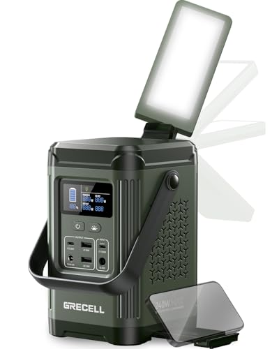 240W Portable Power Station 153.6WH Solar Generator, GRECELL LiFePO4 Battery Dual Way 100W PD, Portable Power Bank with Integrated Stand for Outdoors