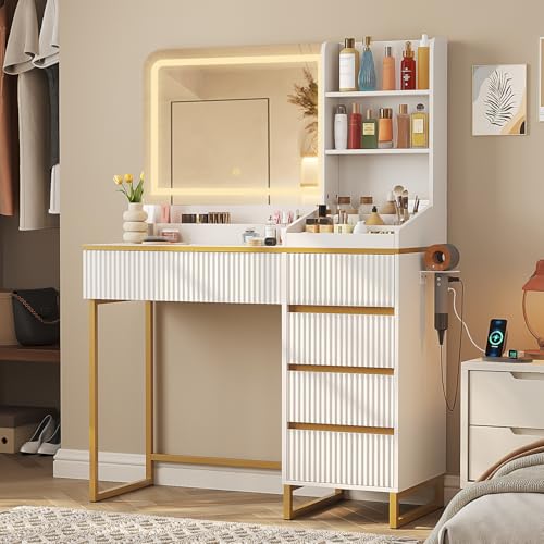 Vabches Makeup Vanity with Mirror and Lights, White and Gold Vanity Desk with 5 Drawers and Charging Station, Vanity Table for Bedroom